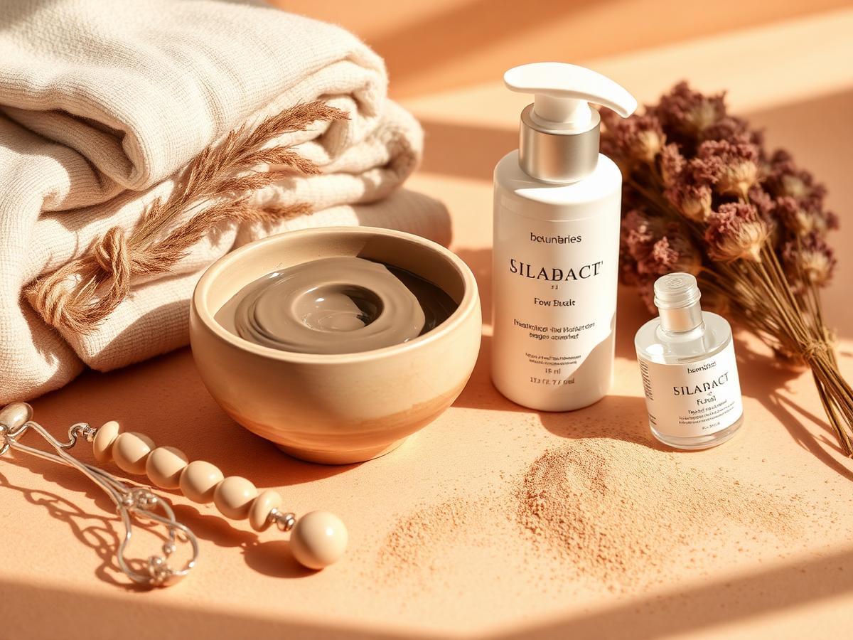 Facial skincare products and clay mask on a warm surface